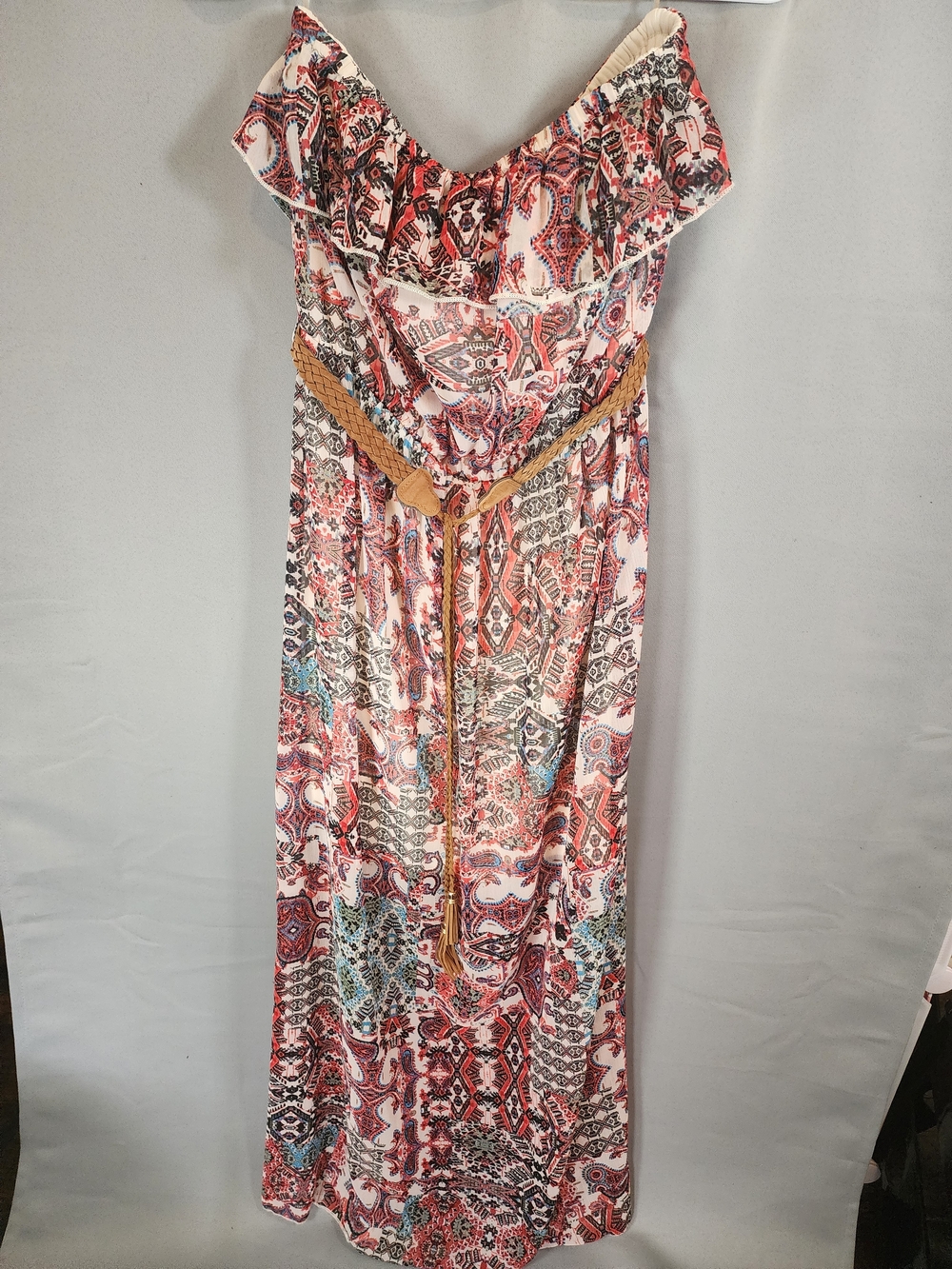 No Boundaries Multicolor Off-Shoulder Printed Maxi Dress with Braided Tan Belt